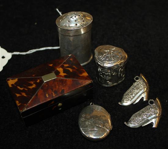 Tortoiseshell-mounted box (a.f), silver pepper, embossed Cont box, enclosed locket & pair miniature shoes